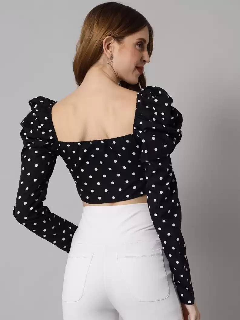 TANDUL  Casual Regular Sleeves Polka Print Women Black Top