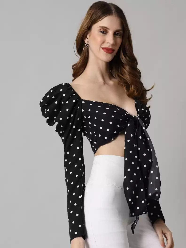 TANDUL  Casual Regular Sleeves Polka Print Women Black Top