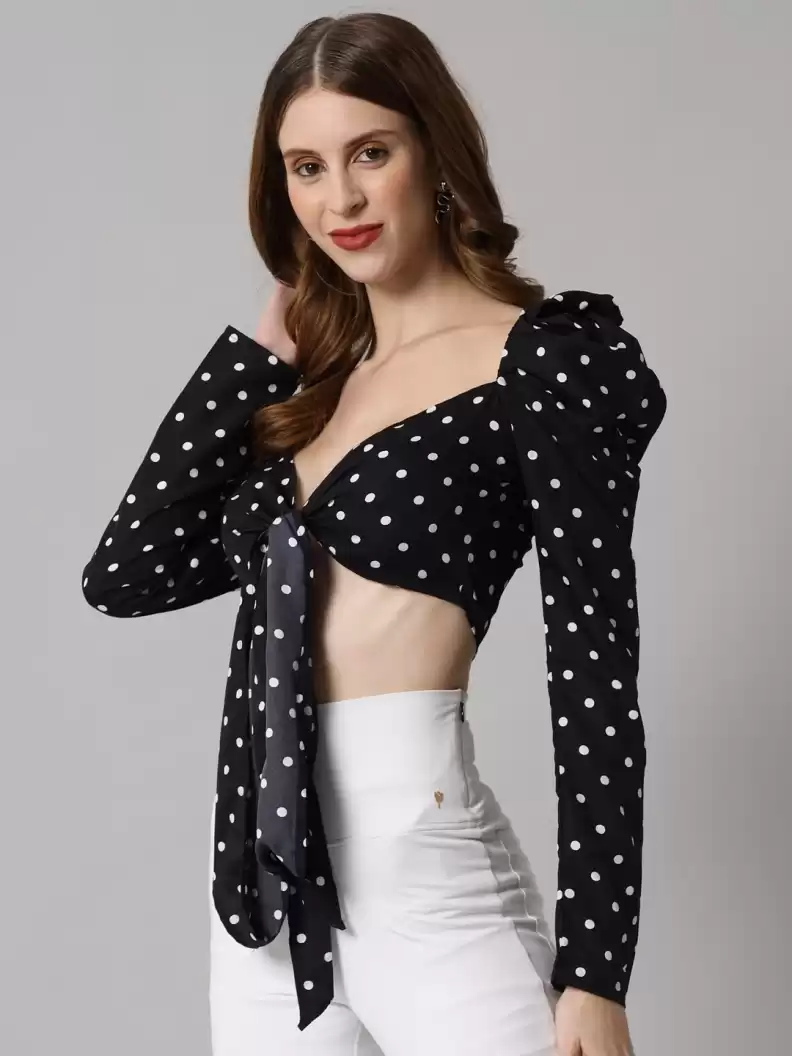 TANDUL  Casual Regular Sleeves Polka Print Women Black Top