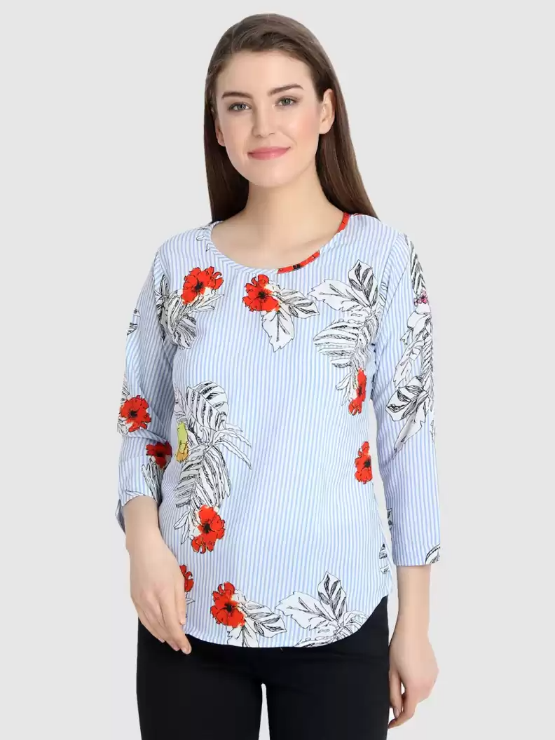 TANDUL  Casual Regular Sleeves Printed Women Light Blue Top