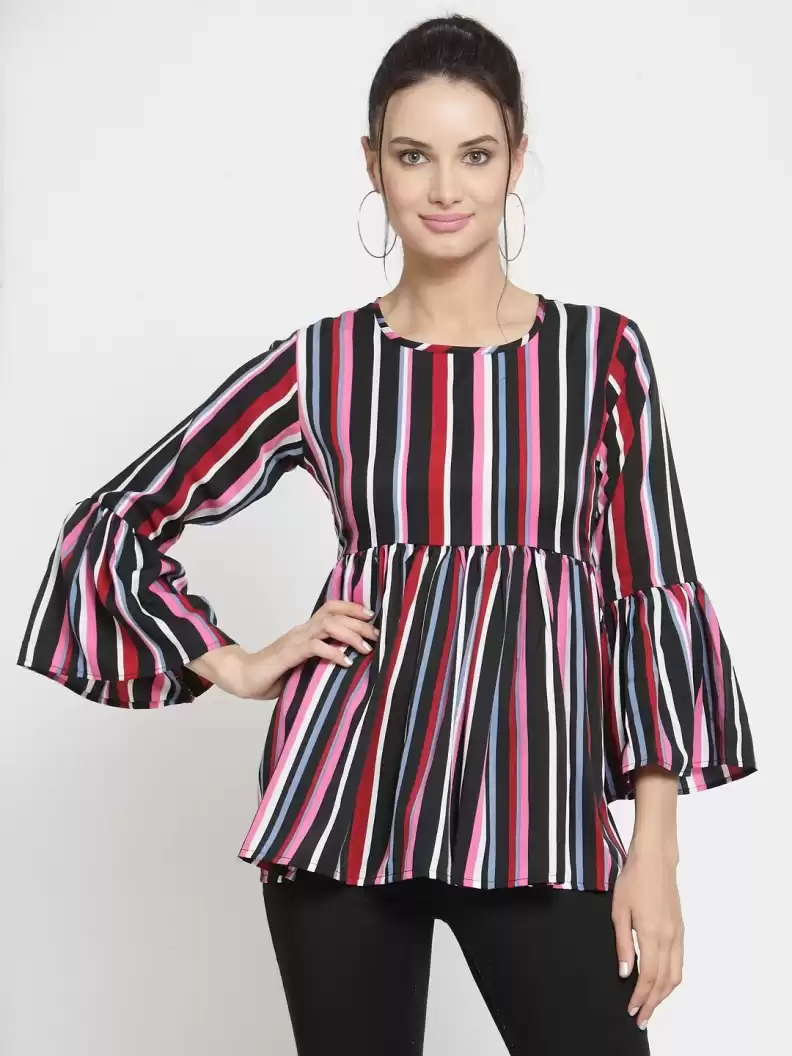 TANDUL  Casual Bell Sleeves Striped Women Multicolor Top