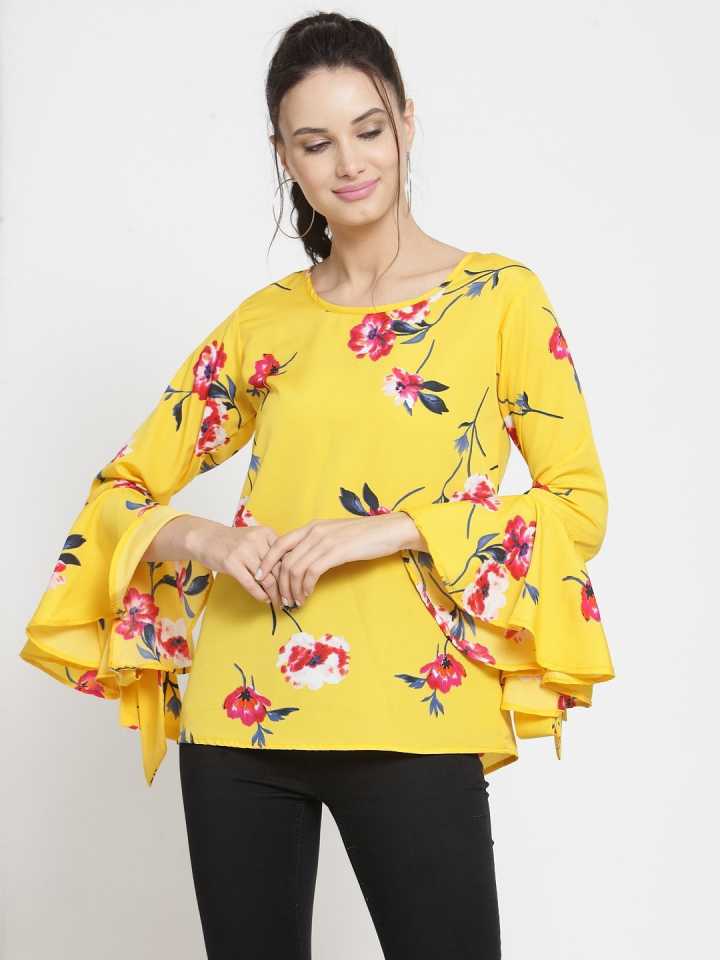 Casual Bell Sleeves Printed Women Multicolor Top