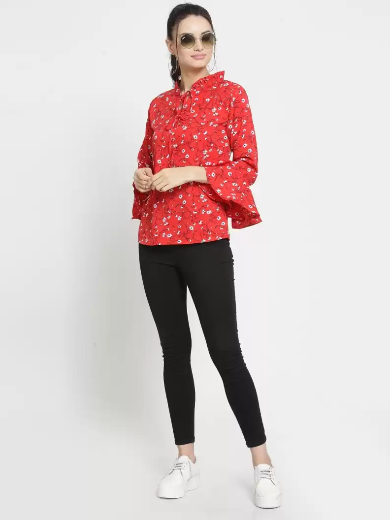 TANDUL  Casual Bell Sleeves Printed Women Red, White Top