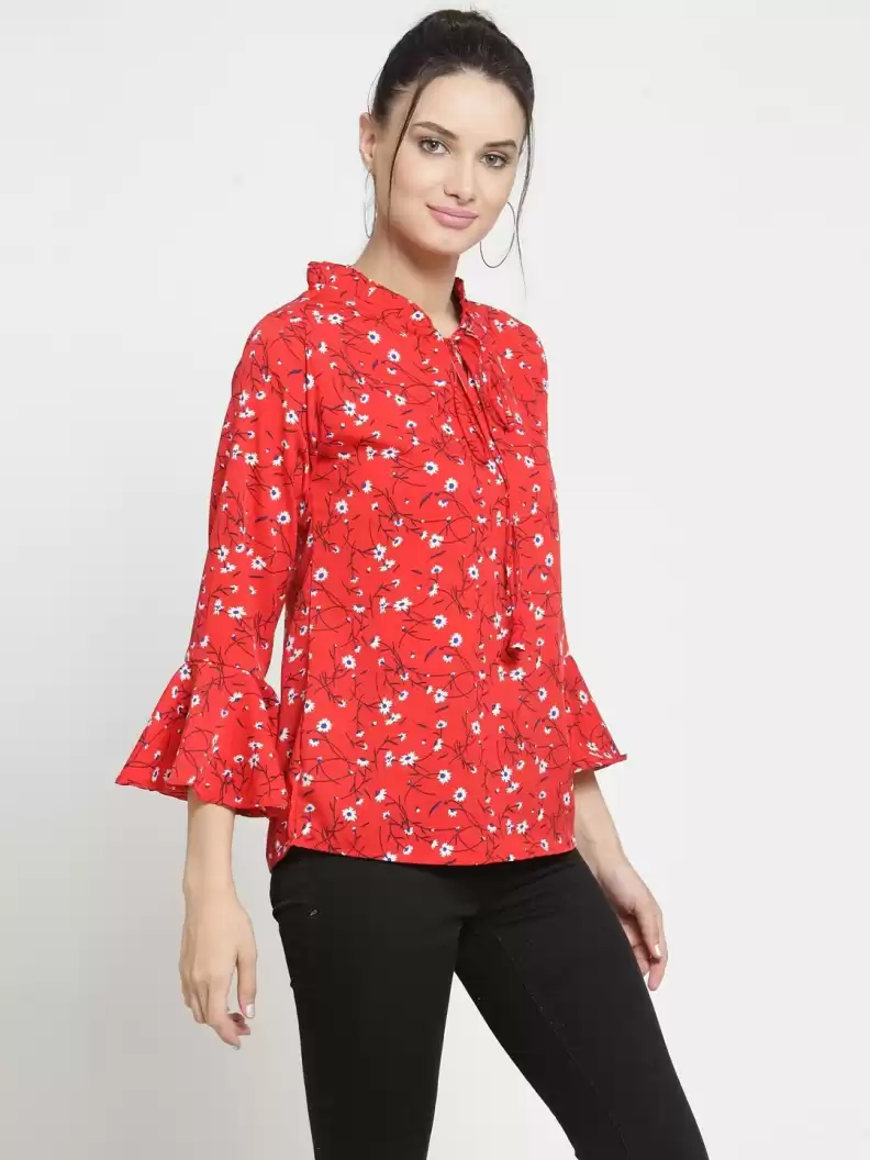 TANDUL  Casual Bell Sleeves Printed Women Red, White Top