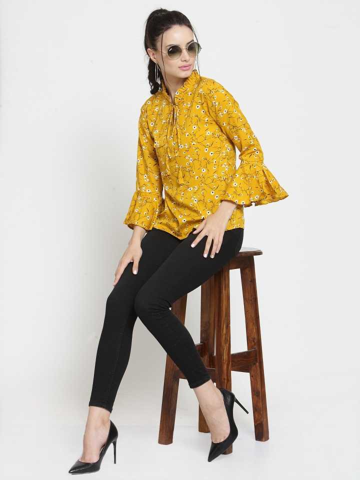 Casual Bell Sleeves Printed Women Yellow Top