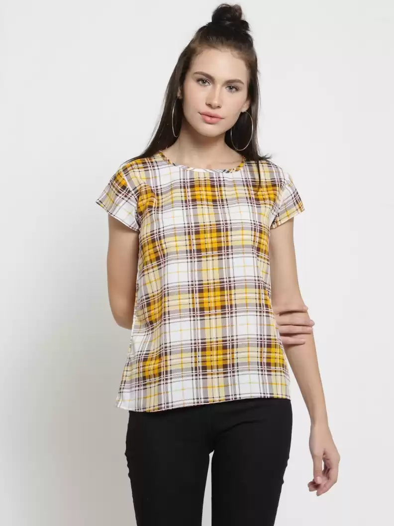 TANDUL  Casual Cap Sleeves Checkered Women Multicolor Top