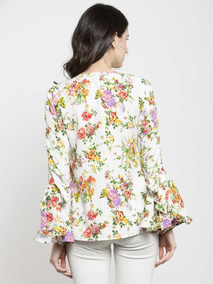 Casual Bell Sleeves Printed Women White Top