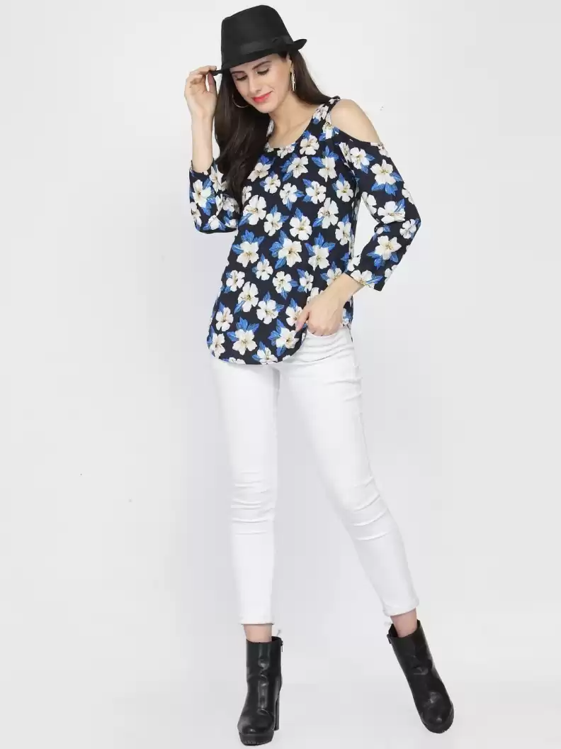 TANDUL  Casual Cold Shoulder Sleeves Floral Print Women Black Top