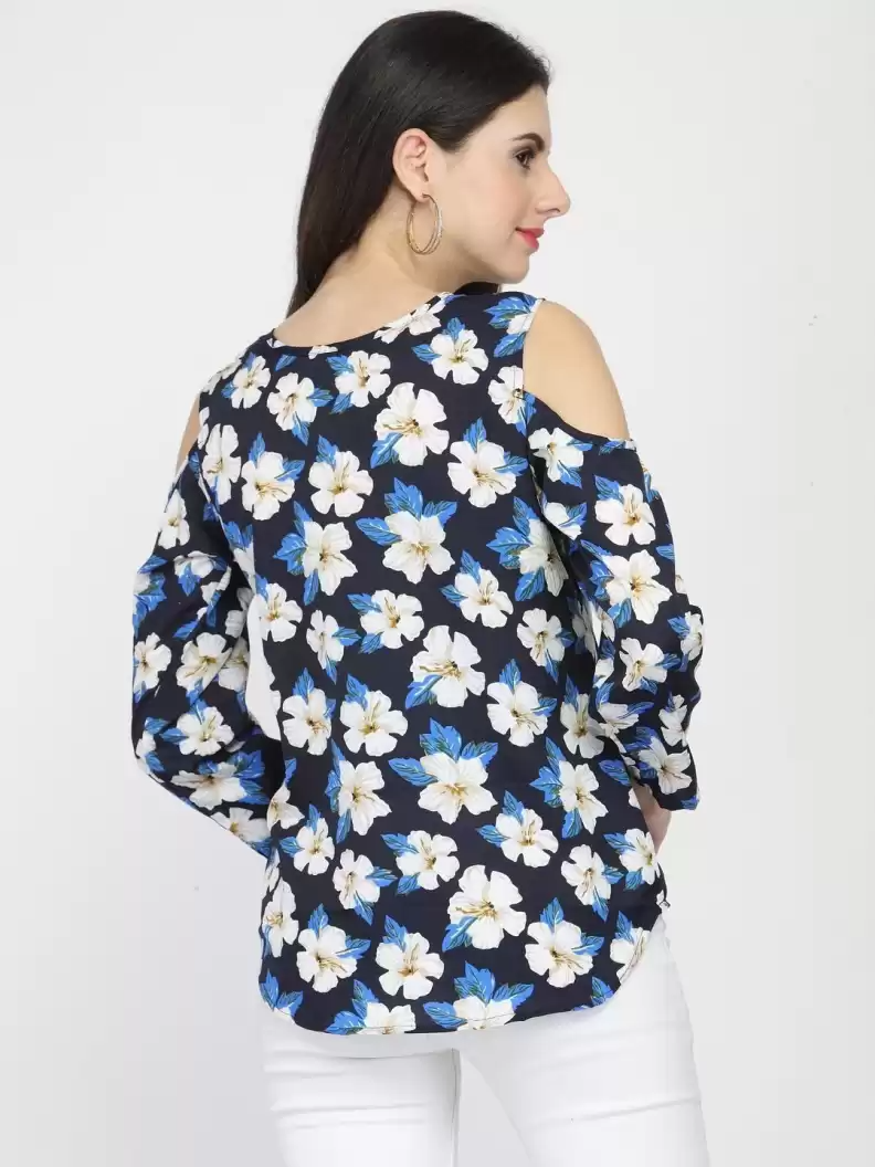 TANDUL  Casual Cold Shoulder Sleeves Floral Print Women Black Top