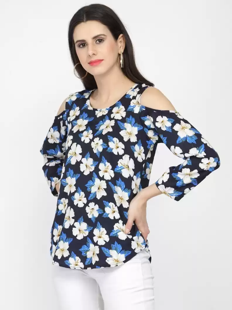 TANDUL  Casual Cold Shoulder Sleeves Floral Print Women Black Top