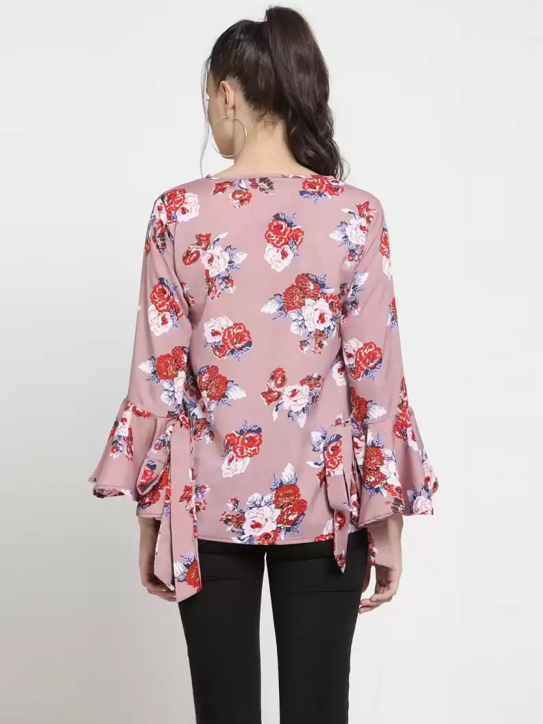 Casual Flute Sleeves Printed Women Multicolor Top