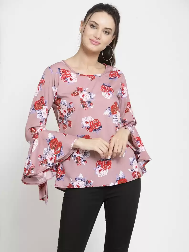 Casual Flute Sleeves Printed Women Multicolor Top