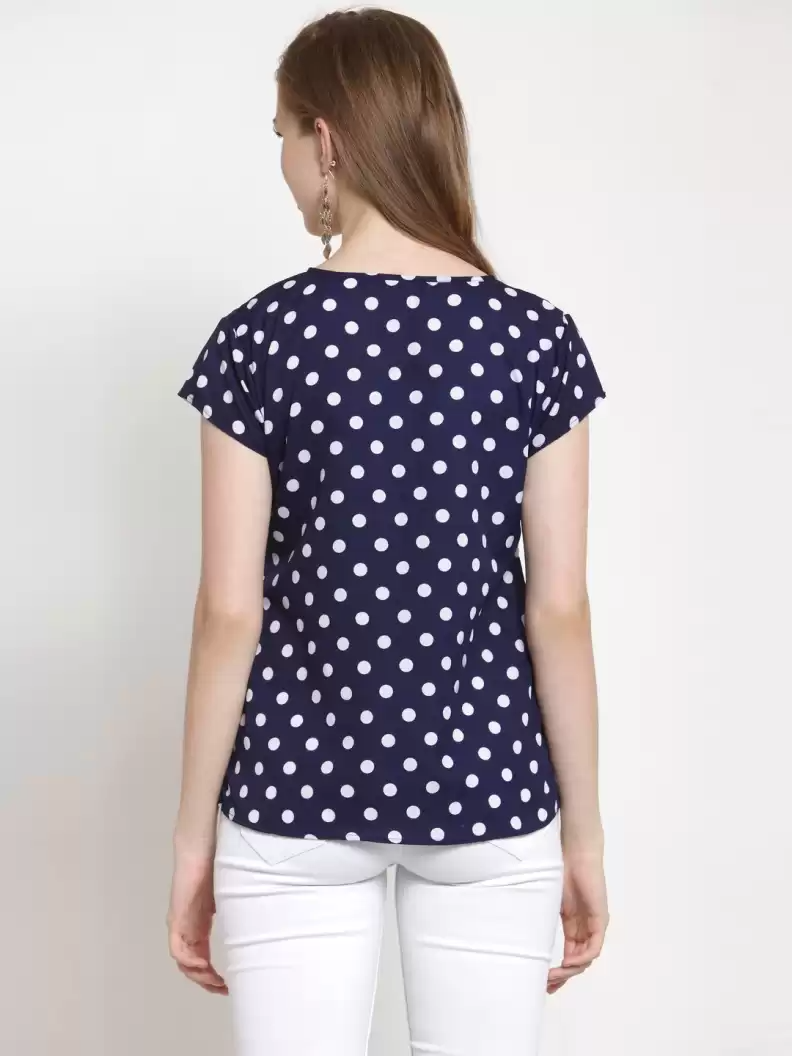 TANDUL  Casual Cap Sleeves Polka Print Women Blue Top