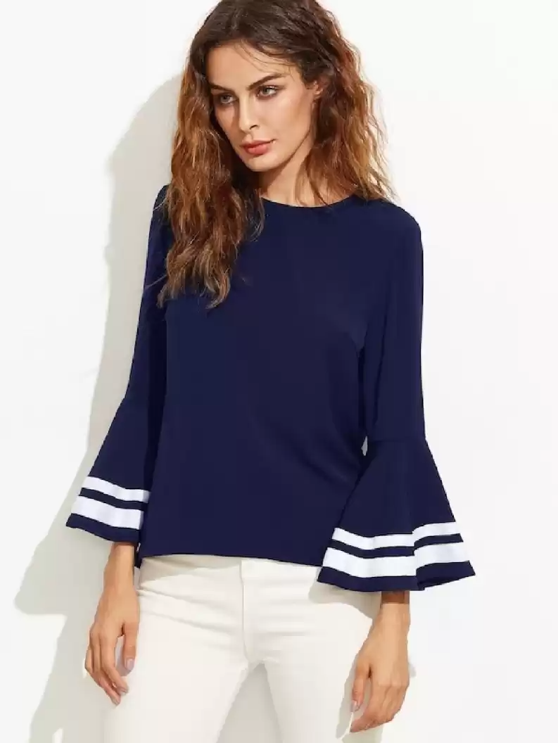 TANDUL  Casual Bell Sleeves Solid Women Dark Blue Top