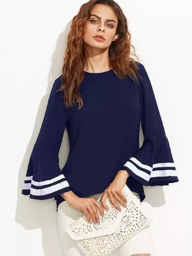 TANDUL  Casual Bell Sleeves Solid Women Dark Blue Top