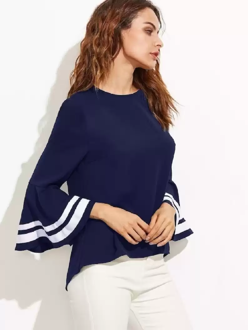 TANDUL  Casual Bell Sleeves Solid Women Dark Blue Top