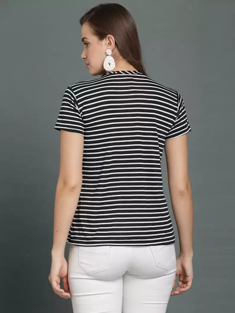 TANDUL  Striped Women Round Neck White, Black T-Shirt