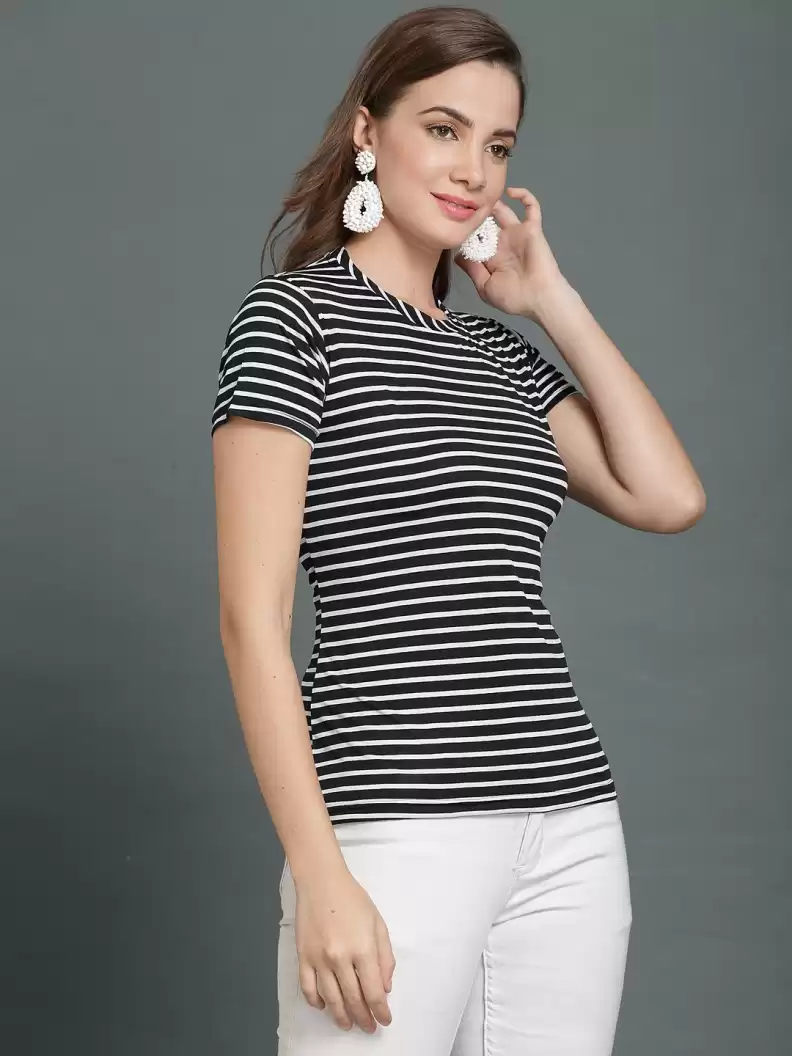 TANDUL  Striped Women Round Neck White, Black T-Shirt