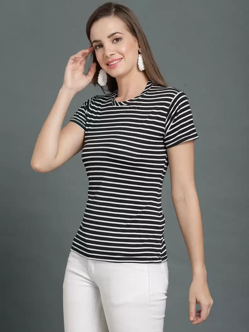 TANDUL  Striped Women Round Neck White, Black T-Shirt