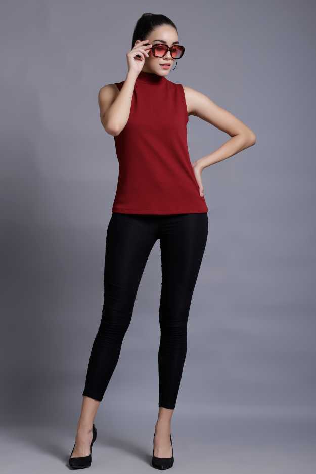 Casual Sleeveless Solid Women Maroon Top