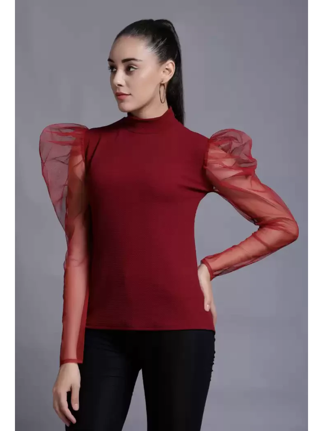 TANDUL  Casual Puff Sleeves Solid Women Maroon Top