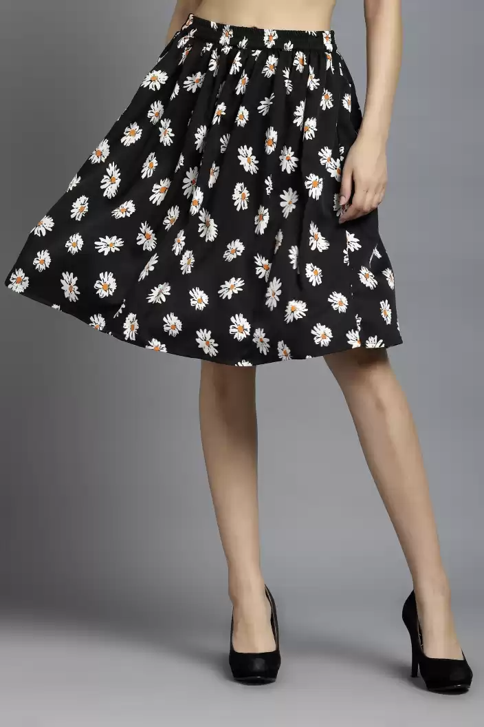 TANDUL  Women Floral Print Flared Black Skirt