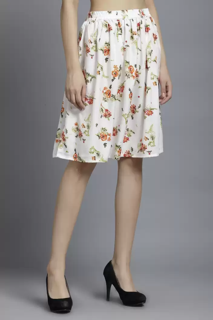 TANDUL  Women Floral Print Flared White Skirt