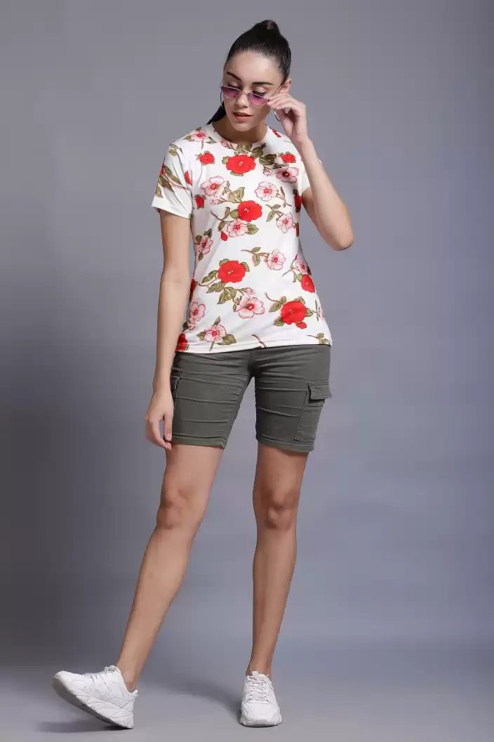 TANDUL  Casual Regular Sleeves Floral Print Women White Top