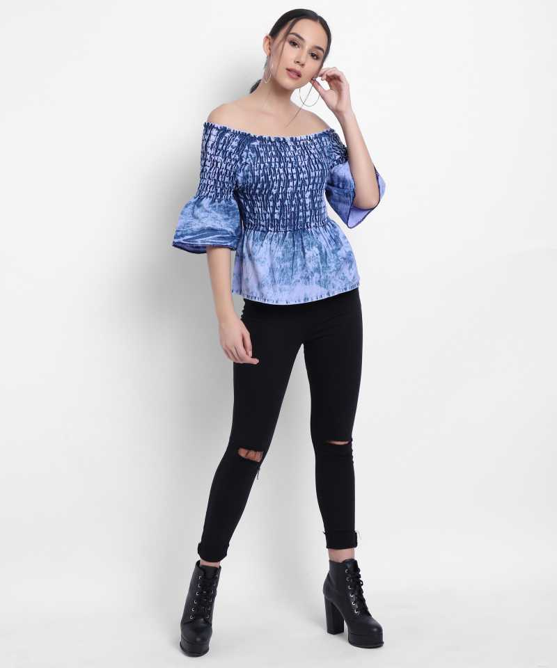 TANDUL  Casual Bell Sleeves Washed Women Blue Top