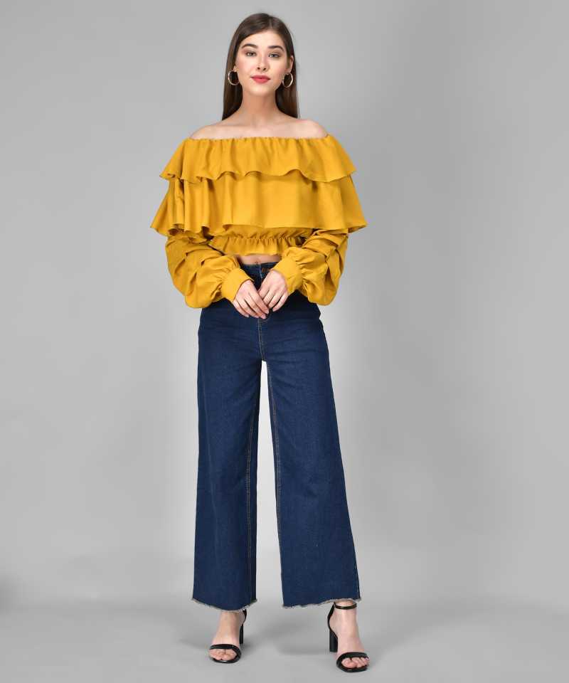 Casual Regular Sleeves Solid Women Yellow Top