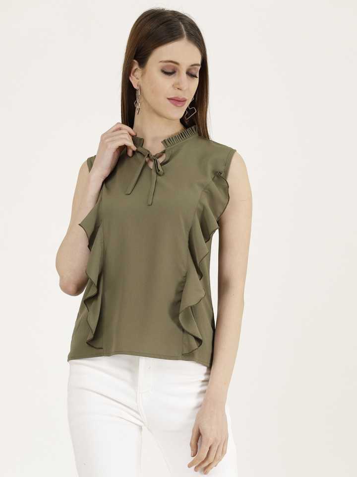 TANDUL  Casual Sleeveless Solid Women Dark Green Top