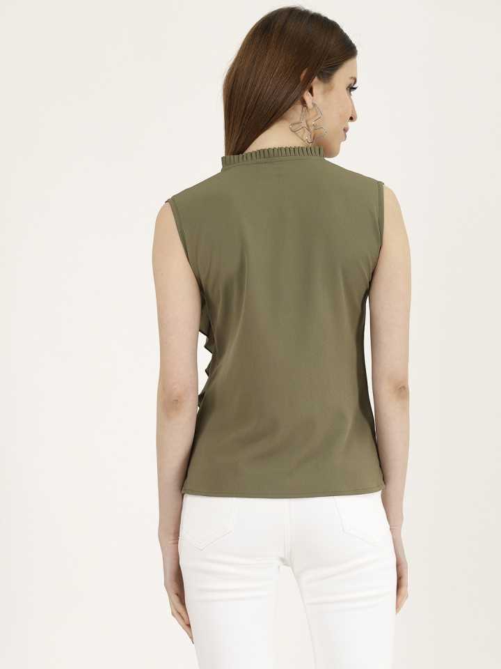 TANDUL  Casual Sleeveless Solid Women Dark Green Top