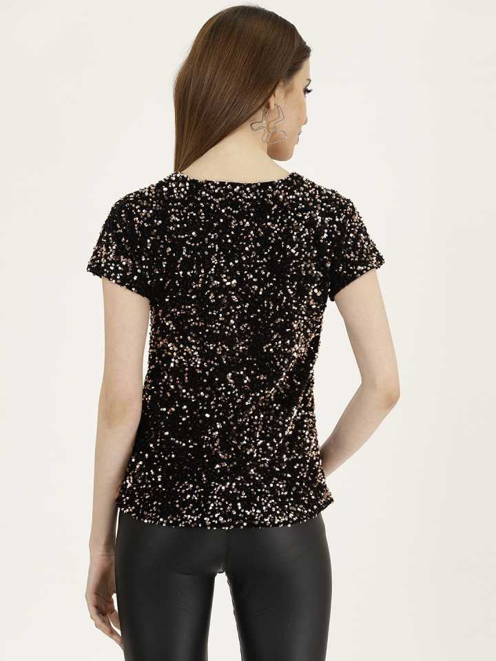 TANDUL  Casual Regular Sleeves Embellished Women Black Top