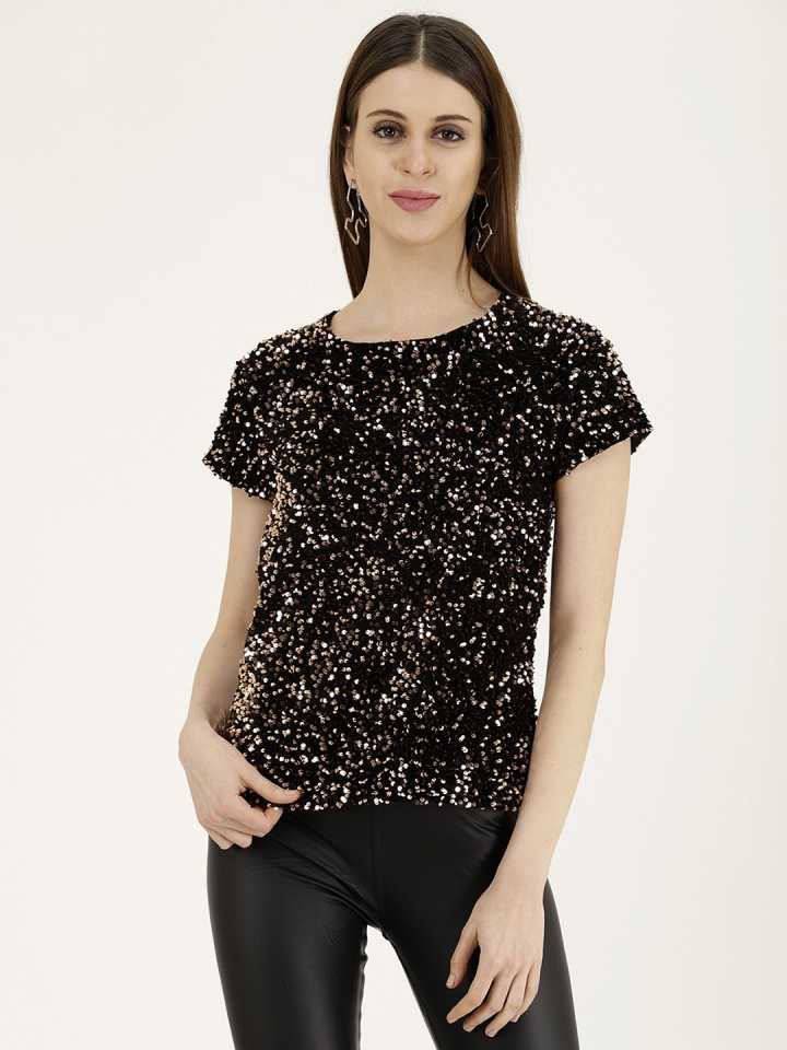 TANDUL  Casual Regular Sleeves Embellished Women Black Top