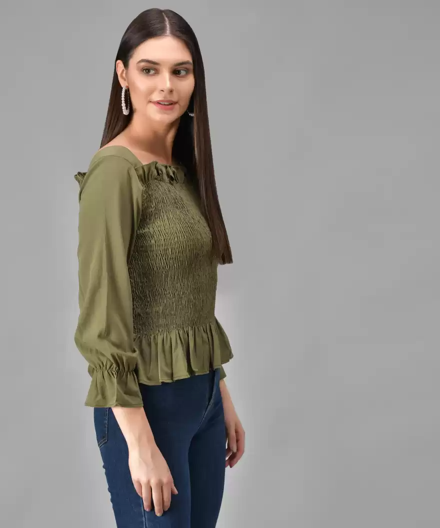 TANDUL  Casual Regular Sleeves Solid Women Green Top