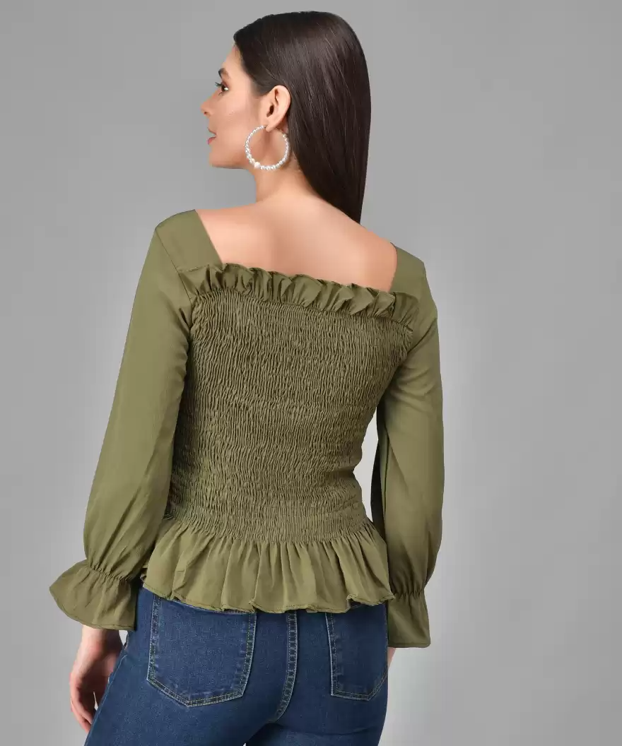 TANDUL  Casual Regular Sleeves Solid Women Green Top