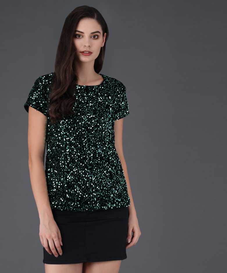 Casual Regular Sleeves Embellished Women Green Top