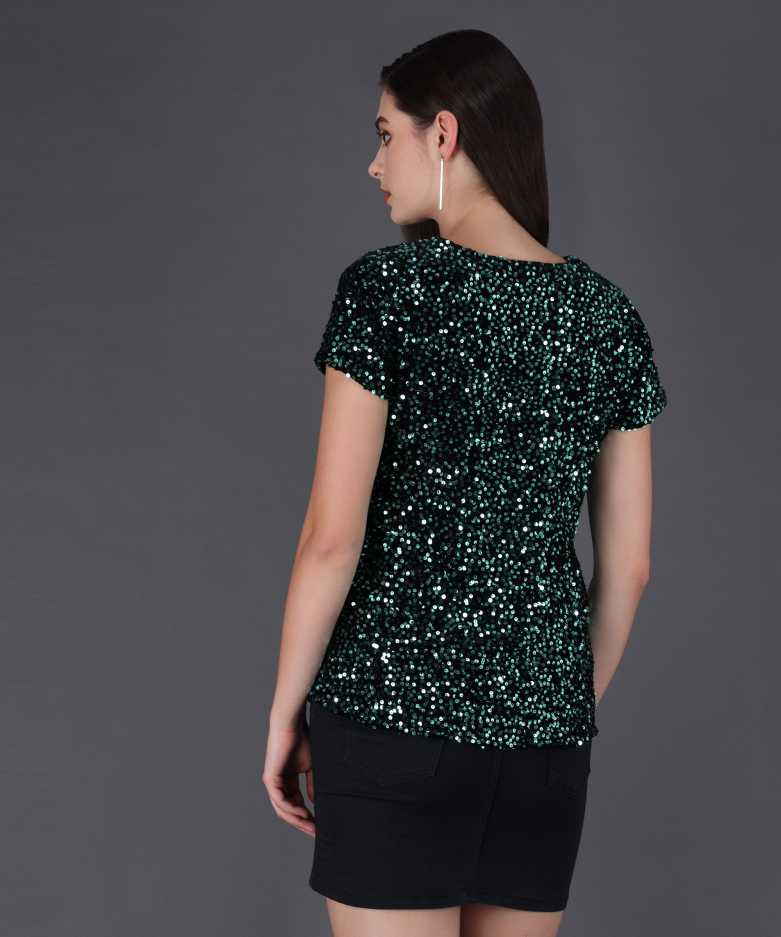 Casual Regular Sleeves Embellished Women Green Top