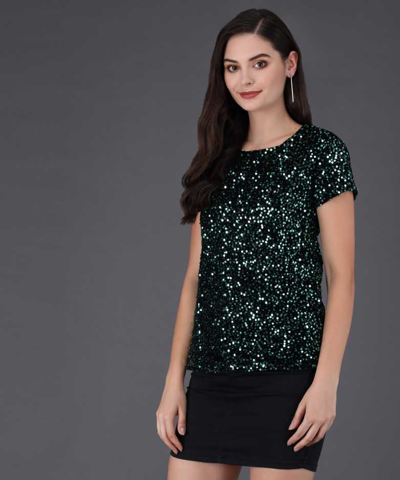 Casual Regular Sleeves Embellished Women Green Top