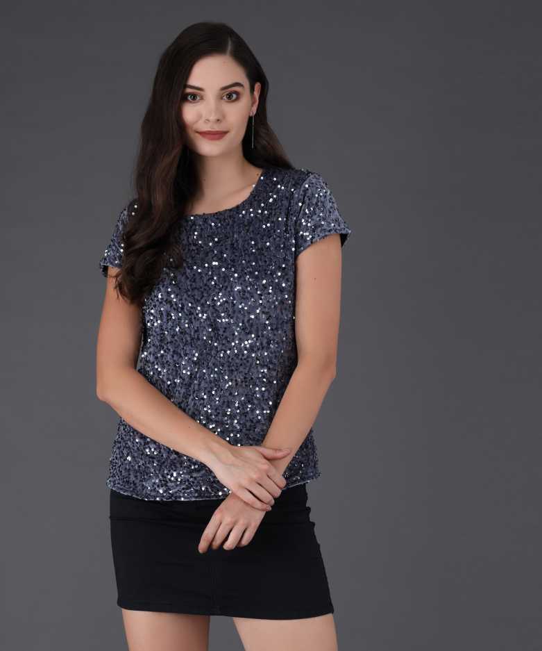 Casual Regular Sleeves Embellished Women Grey Top