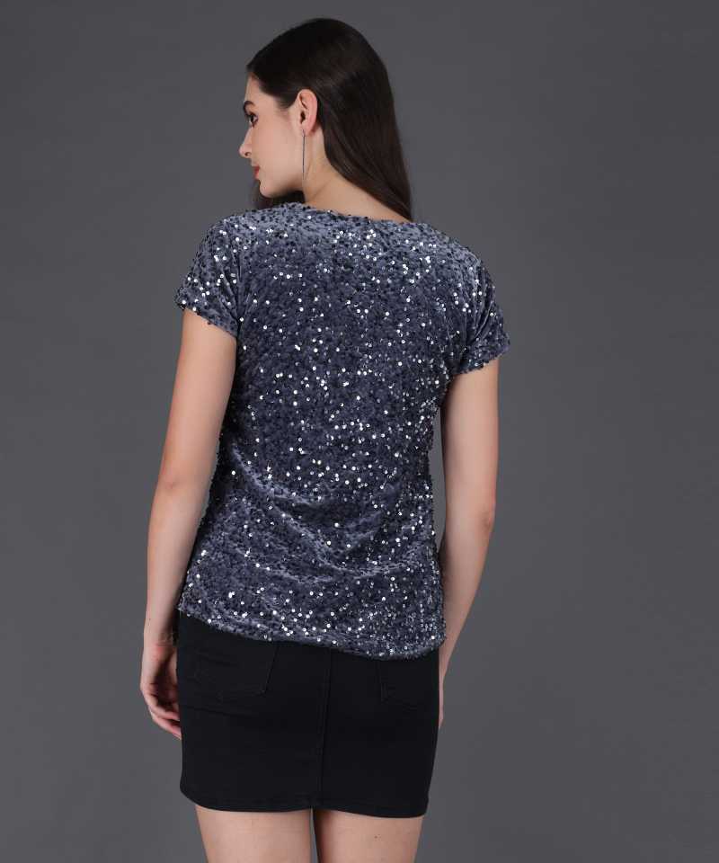 Casual Regular Sleeves Embellished Women Grey Top