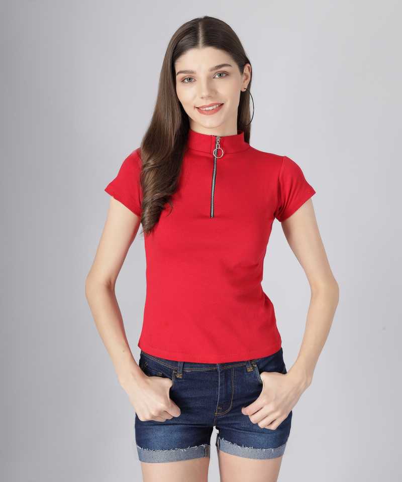 Casual Regular Sleeves Solid Women Red Top