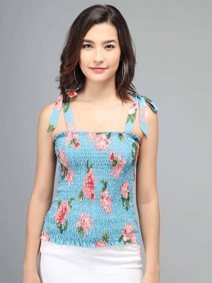 TANDUL Casual Shoulder Straps Floral Print Women Light Blue Top