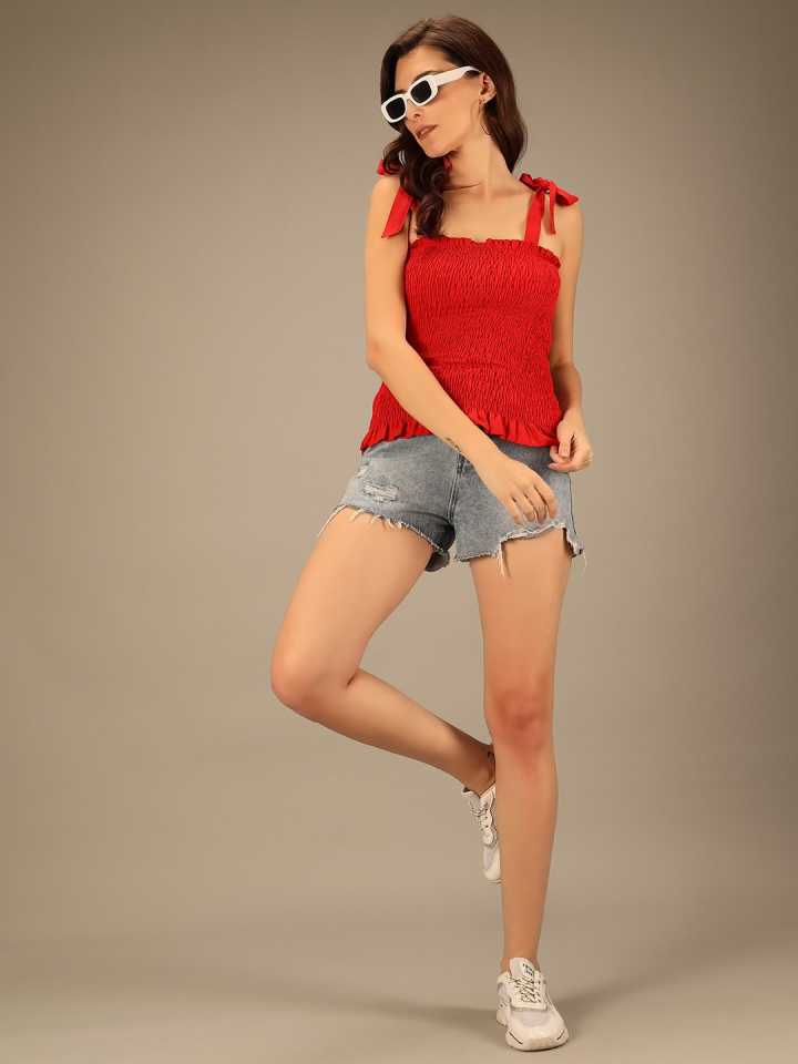 Casual Shoulder Straps Solid Women Red Top