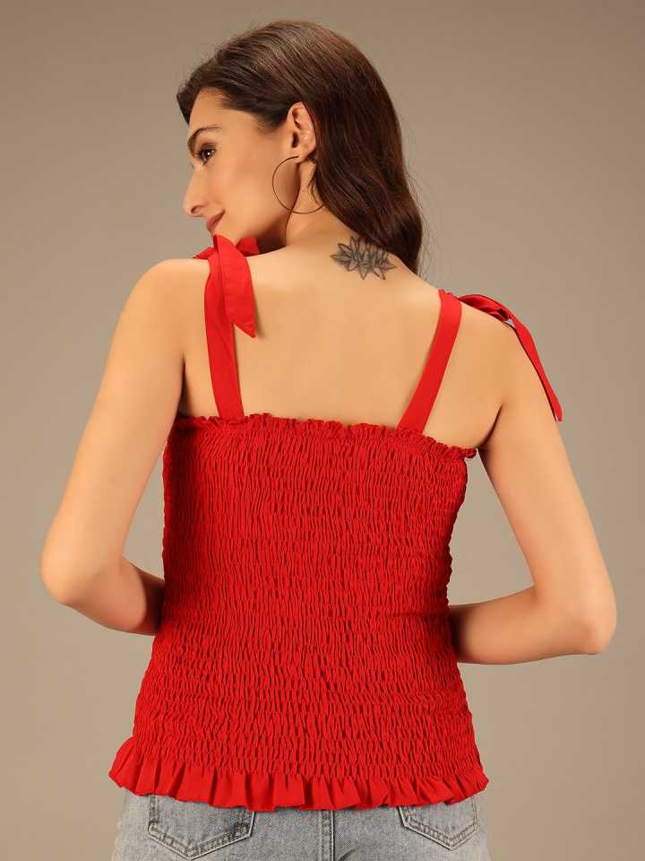 Casual Shoulder Straps Solid Women Red Top