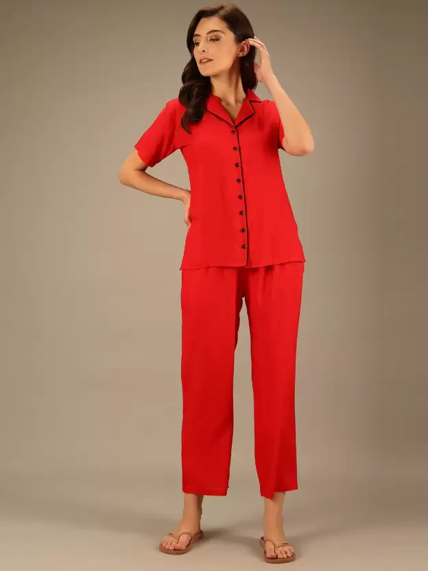 TANDUL  Women Solid Red Shirt & Pyjama set