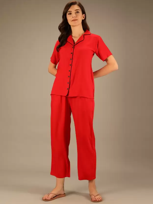 TANDUL  Women Solid Red Shirt & Pyjama set