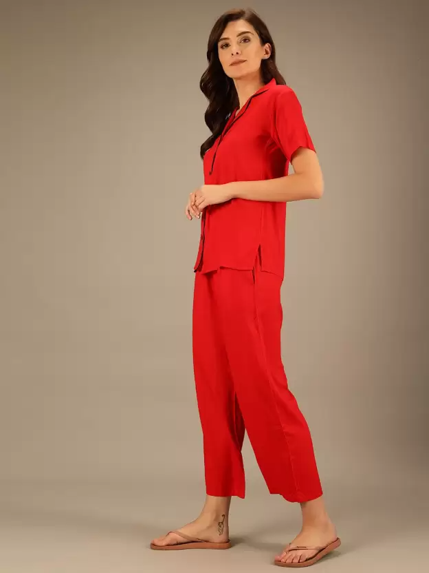 TANDUL  Women Solid Red Shirt & Pyjama set