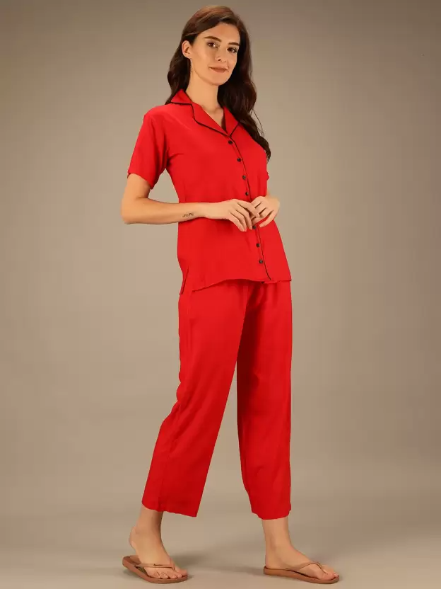 TANDUL  Women Solid Red Shirt & Pyjama set