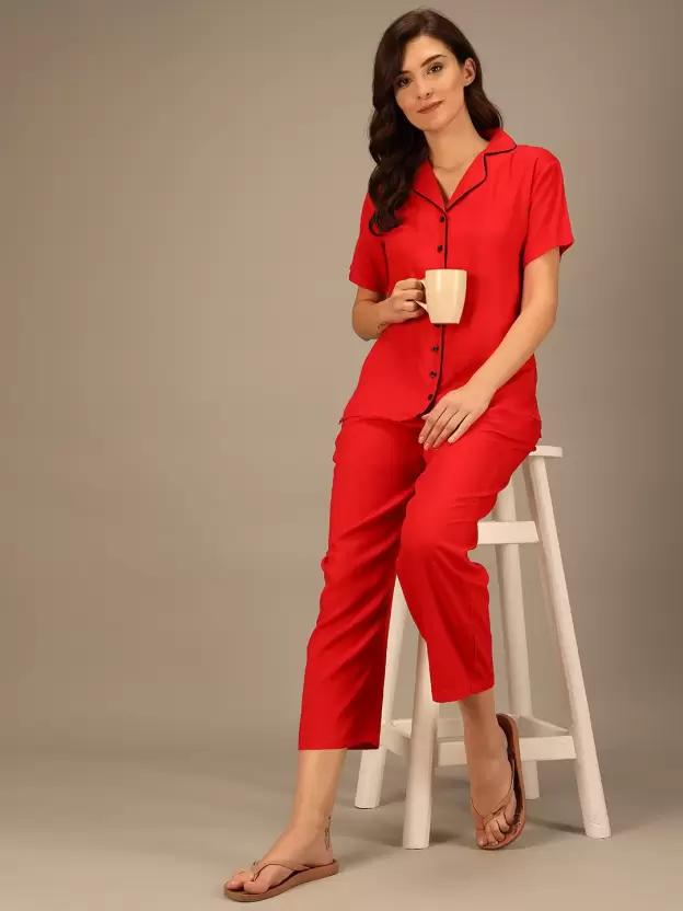 TANDUL  Women Solid Red Shirt & Pyjama set